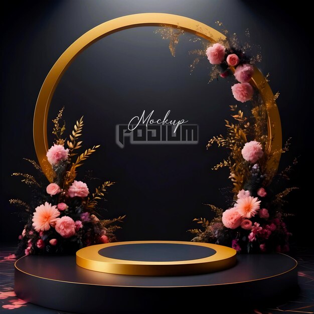 3d realistic round black podium mockup with flowers decor in gold circle on cinematic dark studio