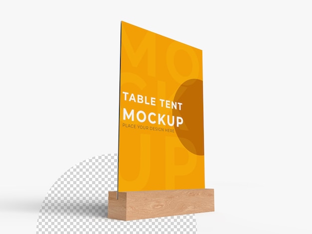3d realistic table stand table tent mockup with wooden base and white paper acrylic blank card holder display information for menu label restaurant cafe banner picture stand sign holder ads