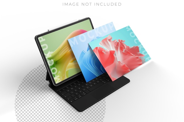 3D realistic tablet and pencil on smart keyboard mockup with floating blank screen on background Perfect for presentation interface UI UX showcase digital product display website or application