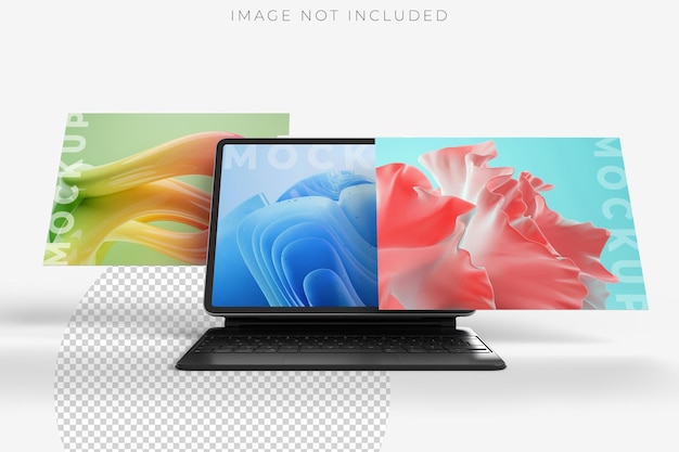 3D realistic tablet and pencil on smart keyboard mockup with floating blank screen on background Perfect for presentation interface UI UX showcase digital product display website or application