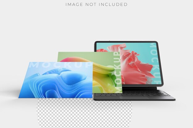 3D realistic tablet and pencil on smart keyboard mockup with floating blank screen on background Perfect for presentation interface UI UX showcase digital product display website or application
