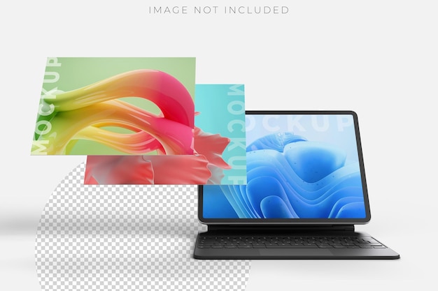 3D realistic tablet and pencil on smart keyboard mockup with floating blank screen on background Perfect for presentation interface UI UX showcase digital product display website or application
