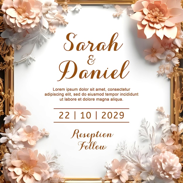 PSD 3d realistic wedding invitation card mockup with gold and flowers frame