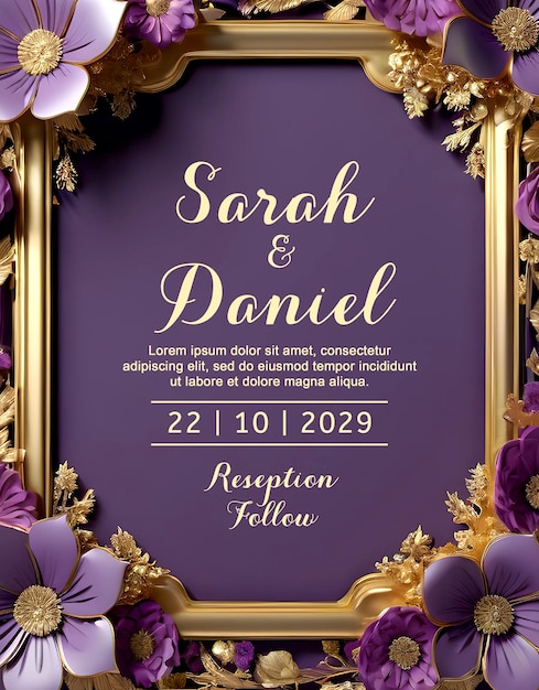 PSD 3d realistic wedding invitation card mockup with gold and flowers frame