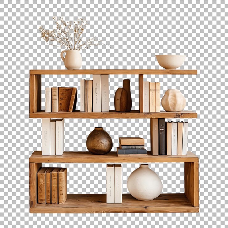 透明な背景に書籍や花瓶が描かれた 3D リアルな木製の本棚