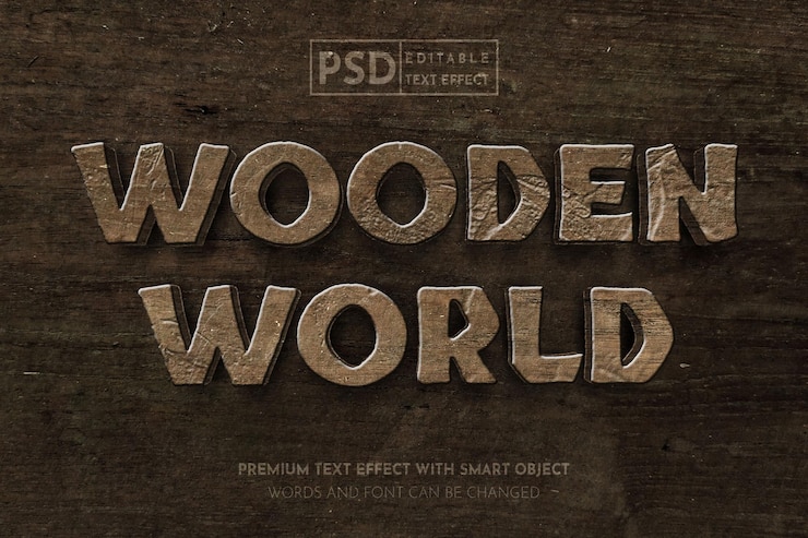 3d realistic wooden world text effect