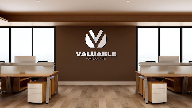 3D-realistisch logomodel op kantoorwerkplek met houten interieur