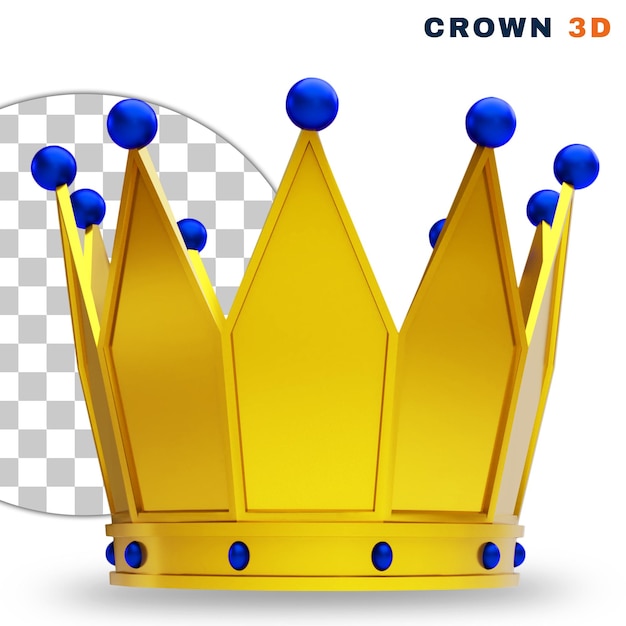 PSD 3d-realistische gouden kroon met een blauwe edelsteen op transparante achtergrond