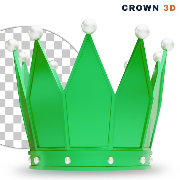3D-realistische groene kroon met een witte edelsteen op transparante achtergrond