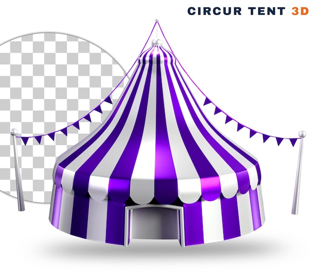 PSD 3d realistyczny fioletowy namiot cyrkowy z białym paskiem na przezroczystym tle