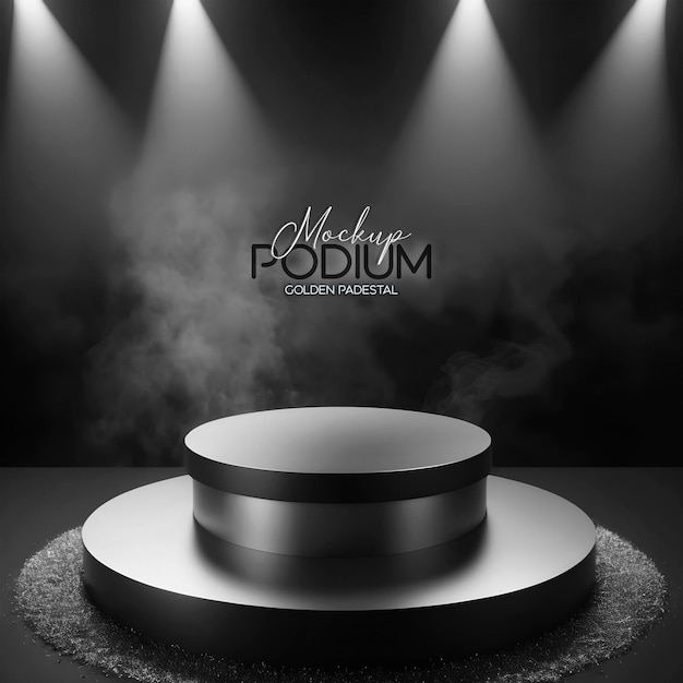 3d realistyczny metalowy piedestal podium stojące na reflektorze teatru ciemne dymne tło do wyświetlania