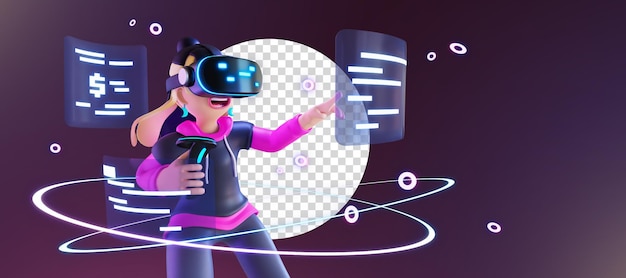 3D rebder Metaverse character with virtual reality device for web app infographic app