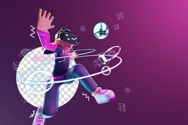 3d rebder metaverse character with virtual reality device for web app infographic app