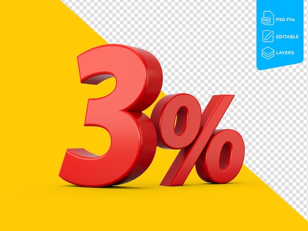 3d red 3 three percent sign on yellow background 3d illustration