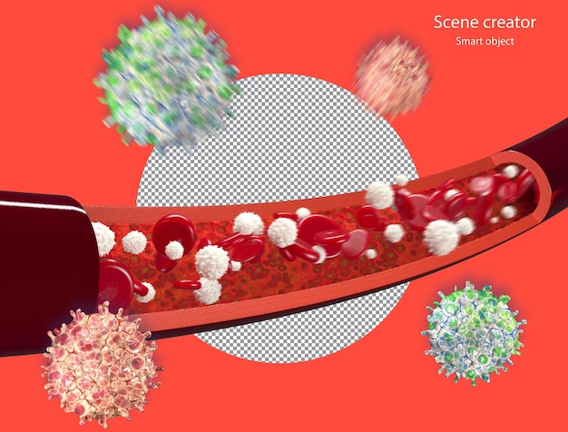 PSD 3d red blood cells and virus flowing through vein clipping path