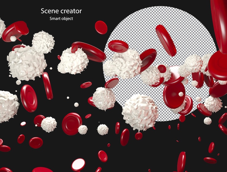 PSD 3d red blood cells and white blood cells flowing through vein clipping path