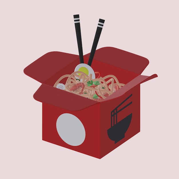 PSD 麺と箸の 3 d 赤い箱