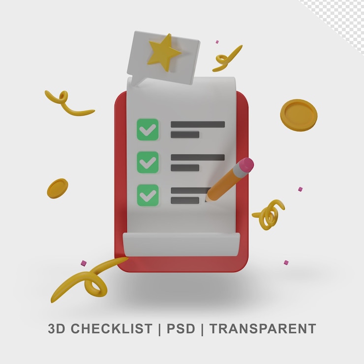 PSD 3d красная доска с контрольным списком прозрачная без фона