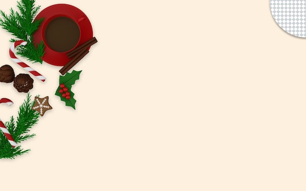 3d tazza di cioccolata calda con biscotti alla cannella e ornamenti natalizi