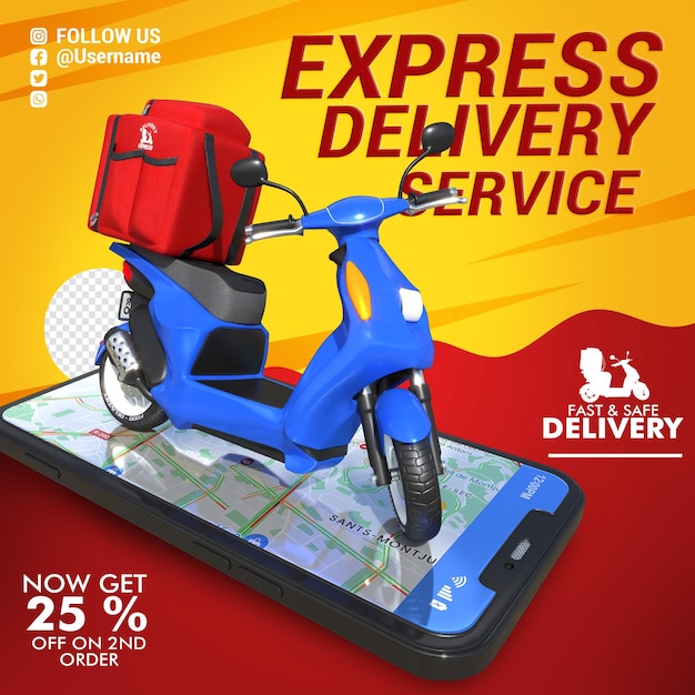 3d red delivery motorbike with cell phone with map