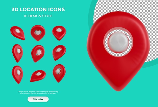 PSD 3d red location icon collection with 10 different styles