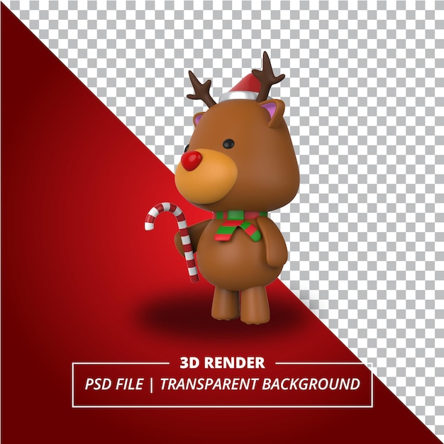 PSD 3d red nose deer with candy cane on transparent background