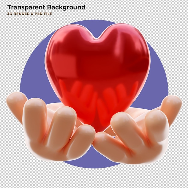 PSD 3d red pink heart float on hand front view, 3d illustration object isolated