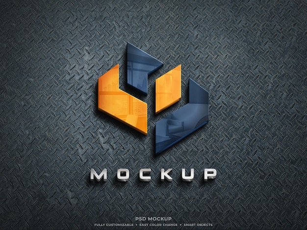 Mockup logo in vetro riflettente 3d su parete in acciaio grezzo mockup logo colorato 3d