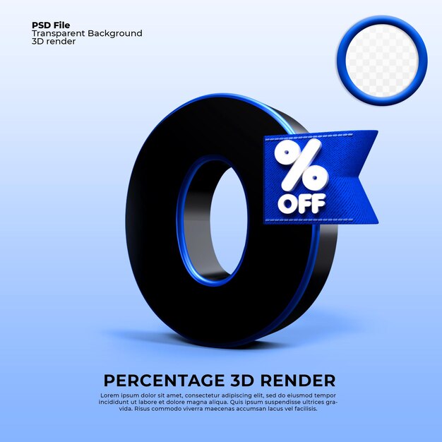 Rendering 3d 0 percentuale di colori nero e blu per lo sconto in vendita