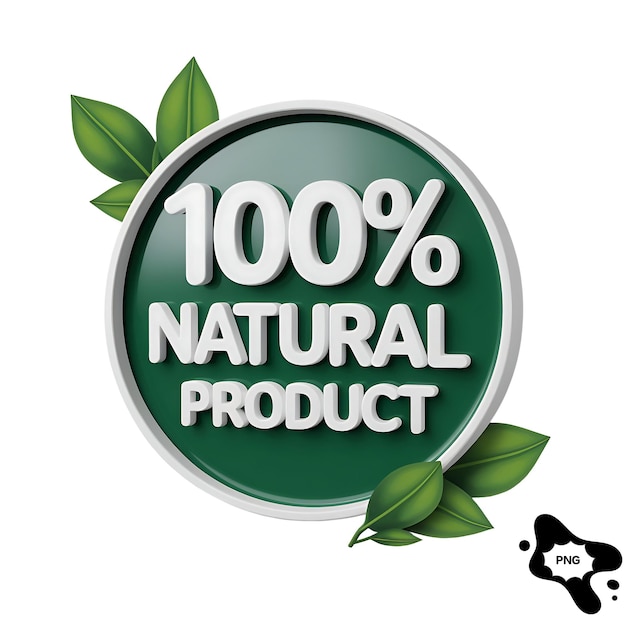 초록색 잎을 가진 100% 천연 제품 배지의 3d 렌더링