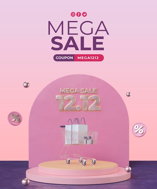 3d render 12 12 mega sale with podium social media banner