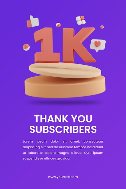 3d render 1k subscribers celebration with podium poster design template