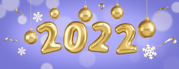 PSD 3d render of 2022 golden balloons for happy new year concept on purple background.