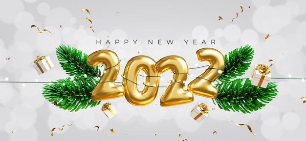 PSD 3d render of 2022 happy new year with decorations floating on white and shiny background.