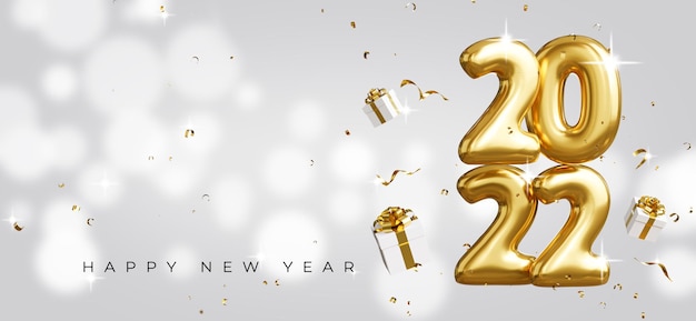 3d render of 2022 happy new year with gift box floating on white and shiny background.