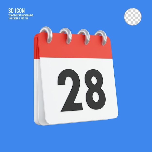 3d render 28 on calendar icon transparent background