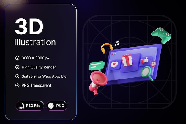 PSD 3d 렌더링 3d 인터페이스 개념 현대 아이콘 일러스트 디자인
