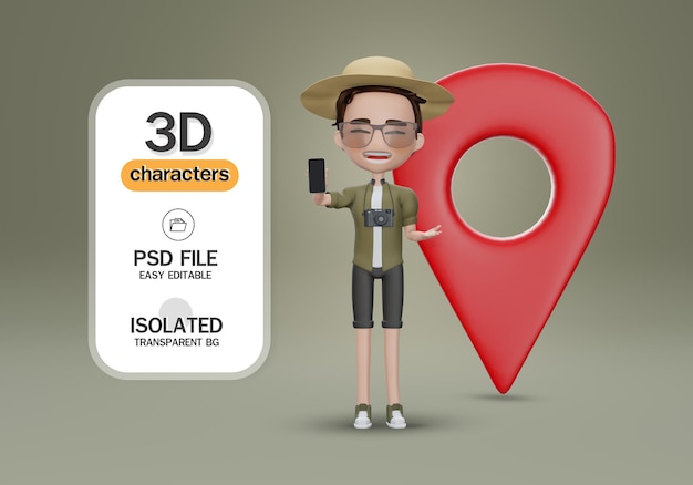 3D render 3D Karakter toerist met pin locatie en telefoon