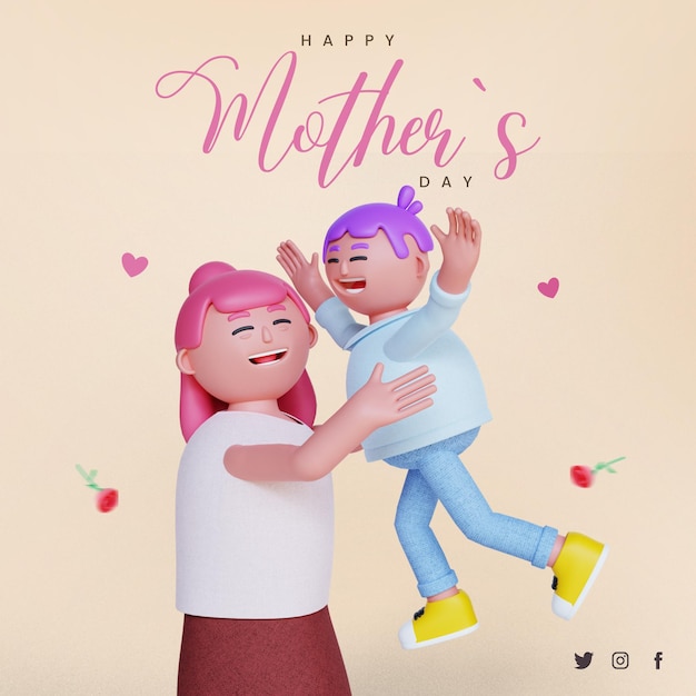 3d render 3d rendering mother's day template with 3d cute mom and son character