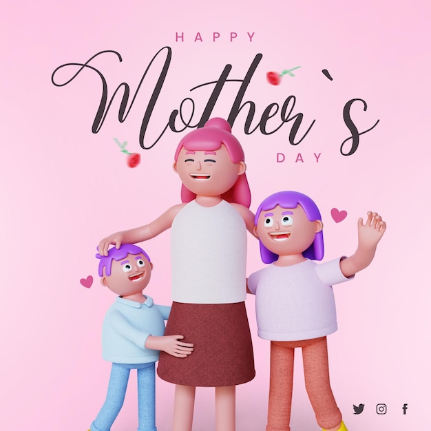 3d render 3d rendering mother's day template with 3d cute mom and son and girl character