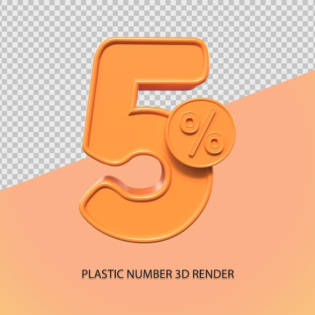 Rendering 3d 5 percentuale di colore arancione per la vendita di elementi di sconto