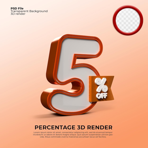 3d render 5 percentuale di colore arancione per l'elemento di sconto promozionale in vendita