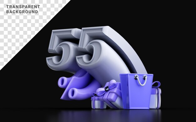 PSD 3d визуализация 55-процентная скидка с сумкой для покупок и подарочной коробкой для баннера онлайн-продажи