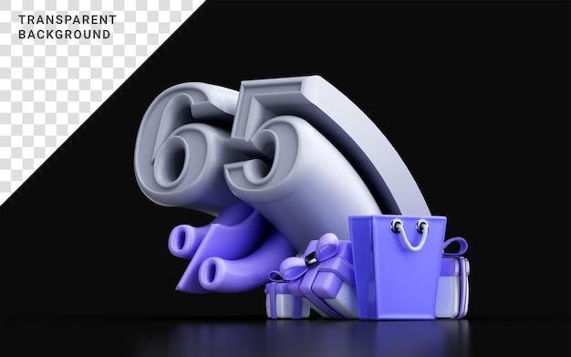 PSD 3d визуализация 65-процентная скидка с сумкой для покупок и подарочной коробкой для баннера онлайн-продажи
