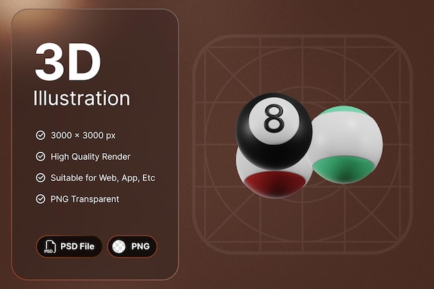 PSD 3d render 8 balls basic center view sports concept modern icon illustrations design