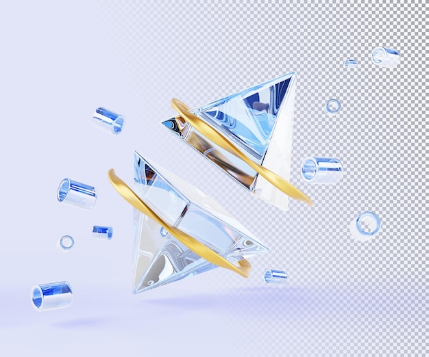 PSD 3d render abstract geometric blue background glass transparent clear triangles with gold rings and flying plastic tubes futuristic space crystal pyramids with metal frames in motion 3d illustration