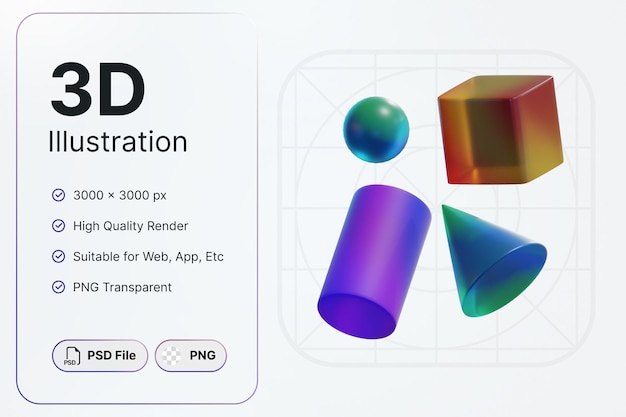 3D Render Abstract Shape Round Cube Tube Cone Glass Gradient Concept Modern Design