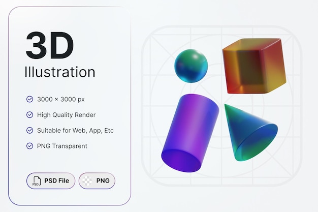 PSD 3d渲染抽象形状圆立方体管锥玻璃梯度概念现代设计