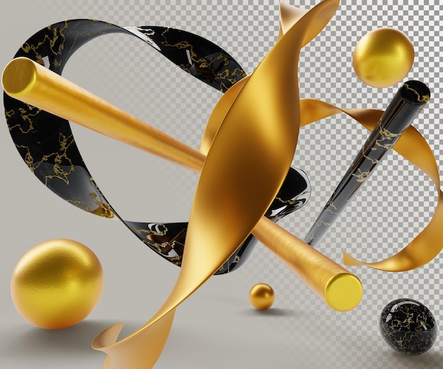 PSD 3d render abstracte luxe achtergrond met zwarte en gouden geometrische vormen gouden gedraaide golvende linten steen marmer en metalen bollen en buizen grafisch ontwerp decor elementen 3d illustratie