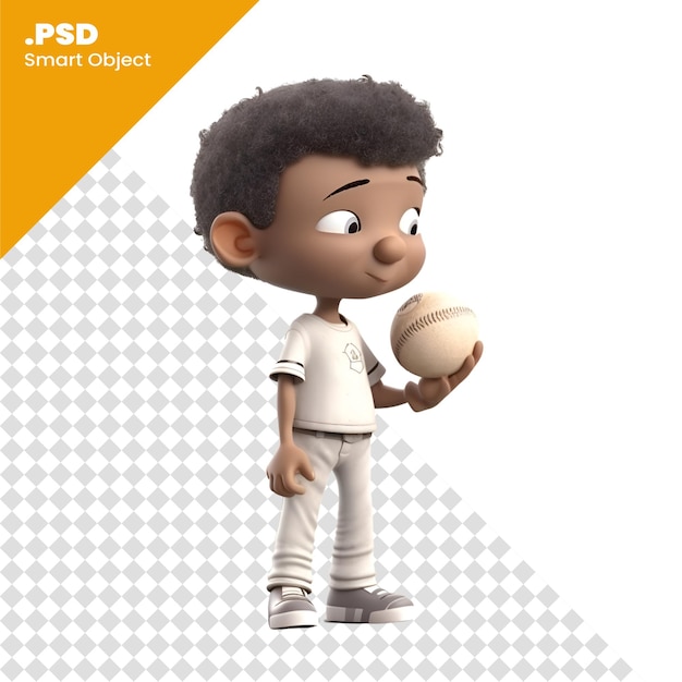 PSD render 3d di un ragazzo afroamericano con una palla da baseball isolata su uno sfondo bianco